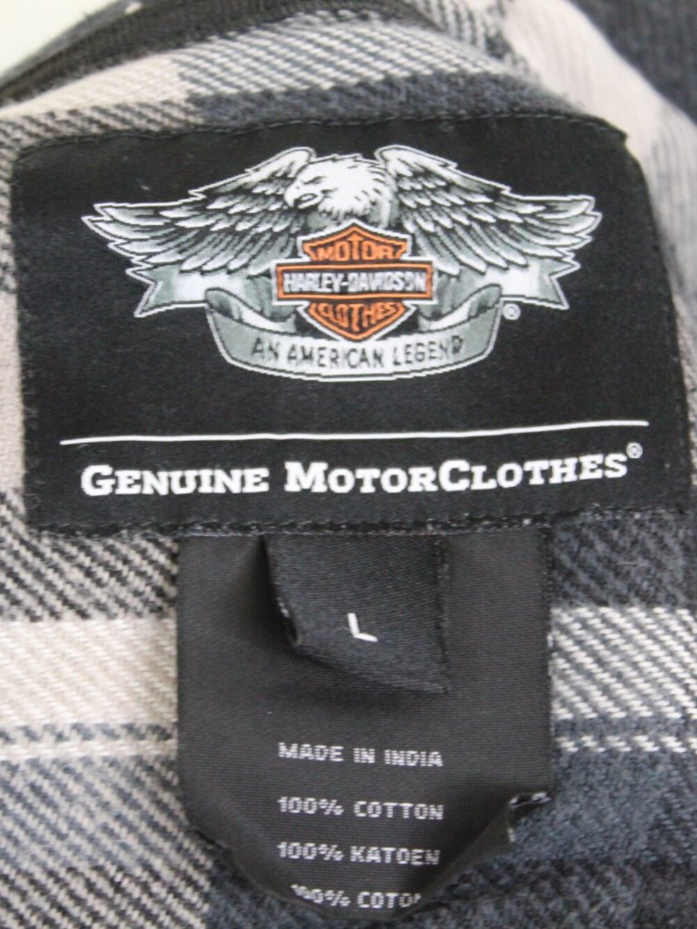 Harley-Davidson Plaid Flannel Shirt L Black White‎ Logo Button Up - Picture 10 of 12